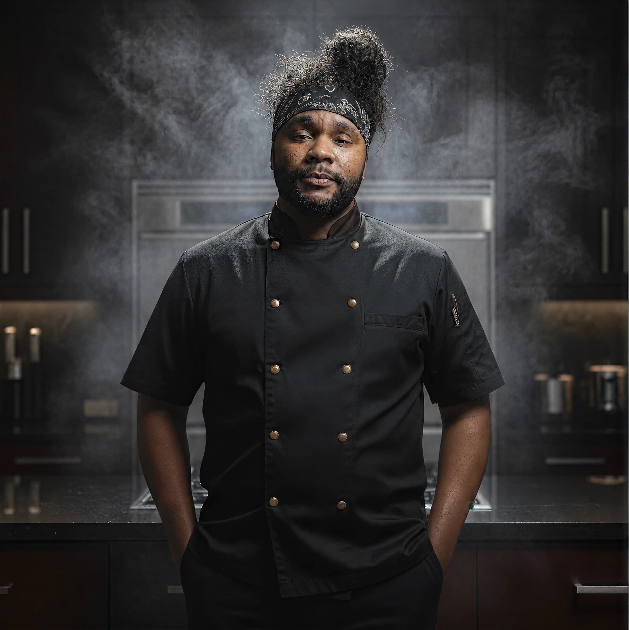 Chef Johnson of FIRE BY JOHNSON in a black chef's coat