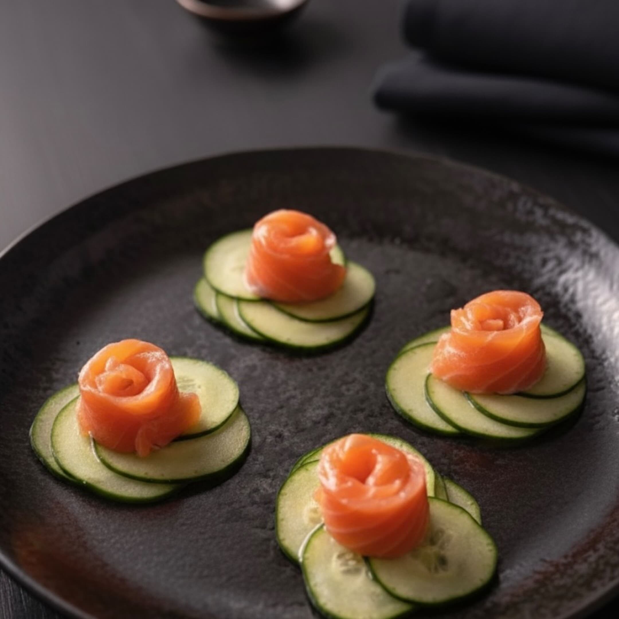 Smoked-salmon roses on cucumber, plated dark
